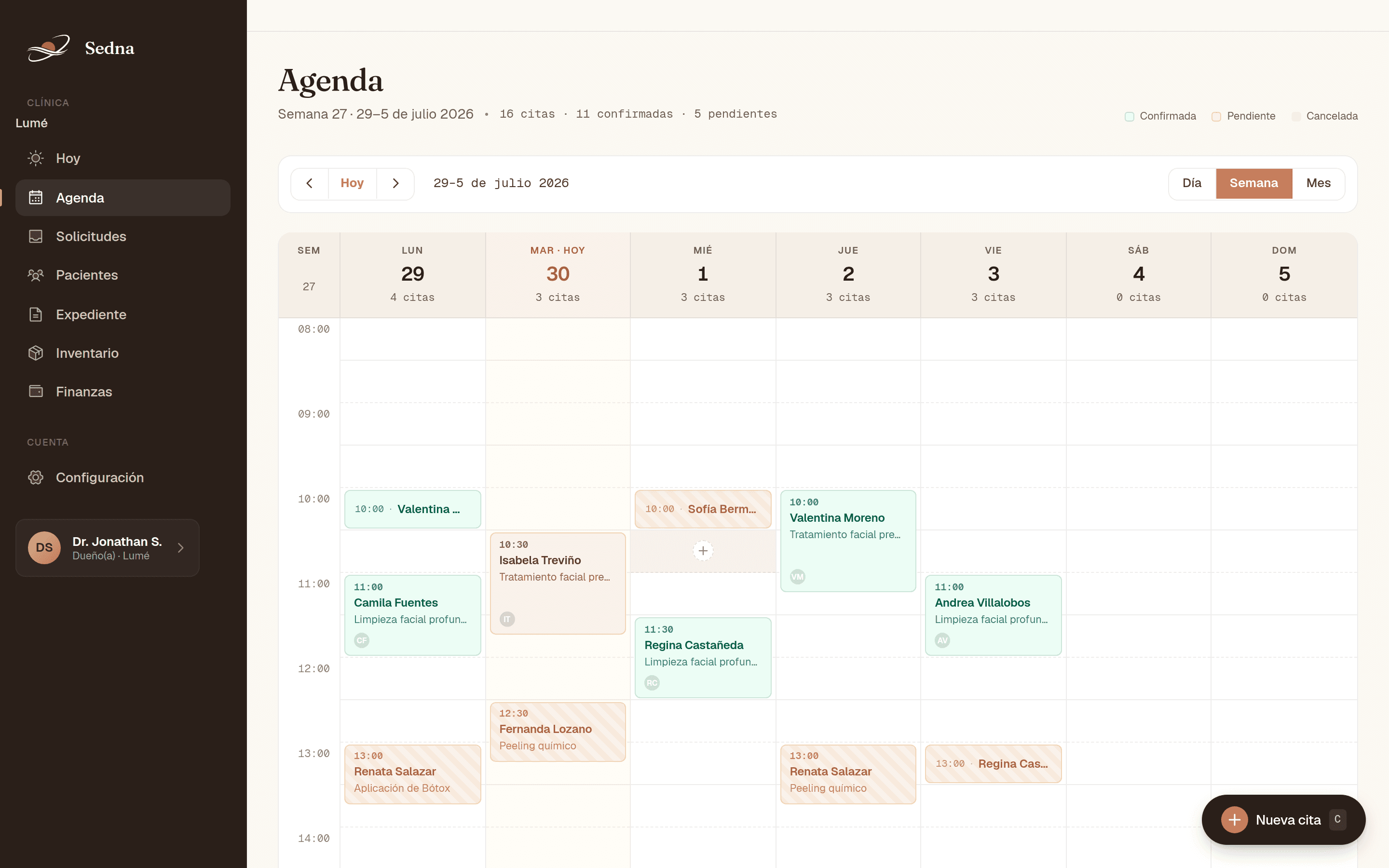 Agenda semanal de Sedna con citas reales de la clínica demo Lumé