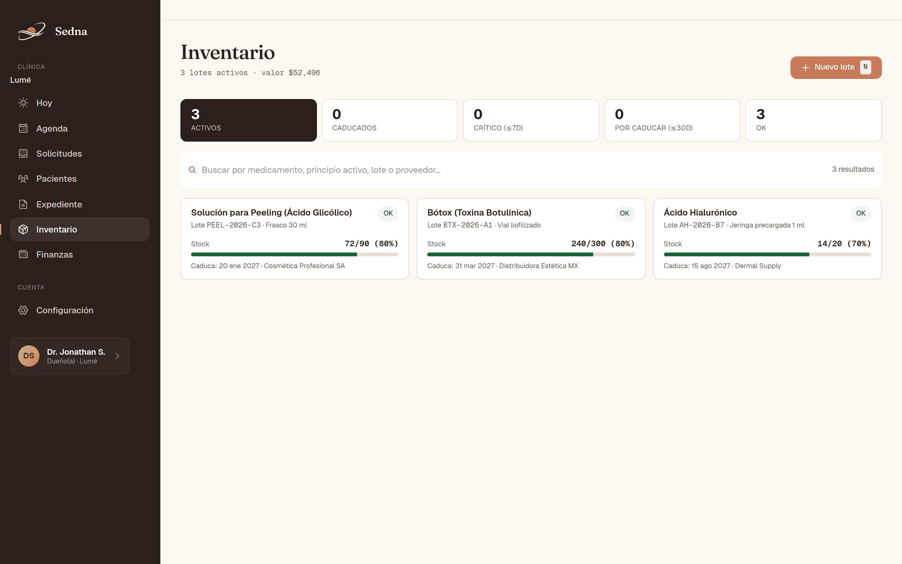 Inventario COFEPRIS de Sedna con lotes, caducidades y alertas de stock